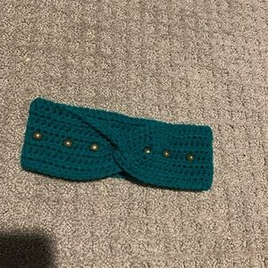 Handmade Elegant Teal Crochet Headband with gold Bead Details